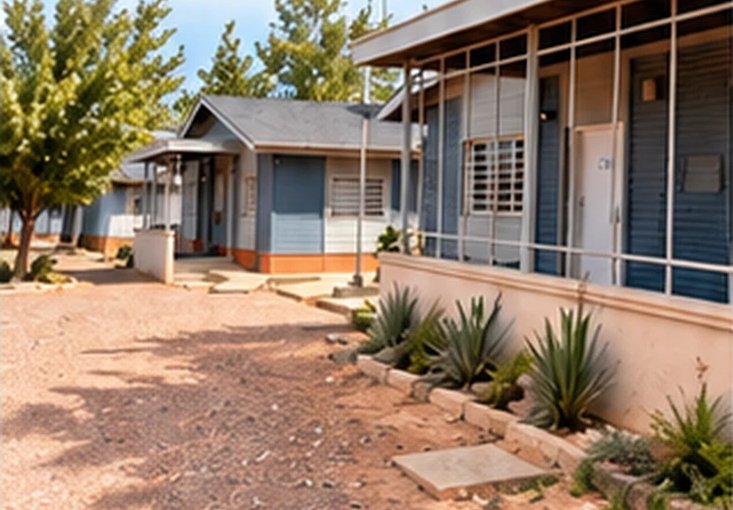 Calle interna del complejo con unidades y álamos