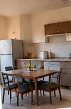 Cocina comedor equipada con heladera y mesa
